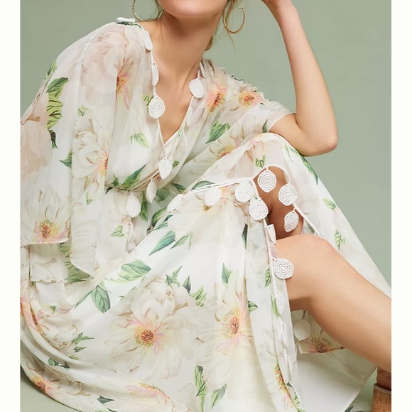 Farm Rio x Anthropologie Dahlia Boho White Chiffon Floral Maxi Dress Size S - Picture 10 of 15